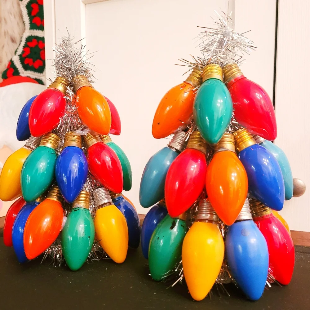 Set of 2 handmade vintage tinsel and lightbulb Christmas tree decorations